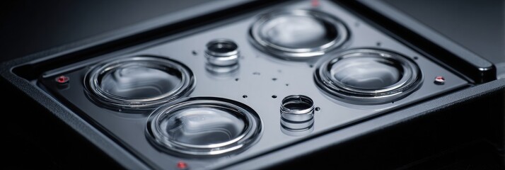 Detailed view of multiple lens elements on a sleek surface, highlighting the craftsmanship and precision in optical design with reflections and depth.
