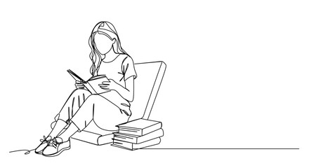continuous single line drawing of woman relaxing on sofa while reading a book  line art vector illustration
