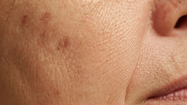 Close Up of Woman's Face Showing Signs of Melasma Pigmentation and Aging on Skin with Fine Lines Wrinkles and Uneven Texture Around Nose and Mouth Area Showing Dermatology Concern
