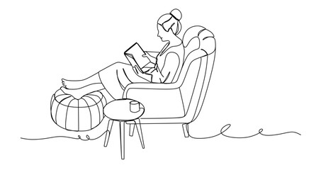 continuous single line drawing of woman relaxing on sofa while reading a book  line art vector illustration