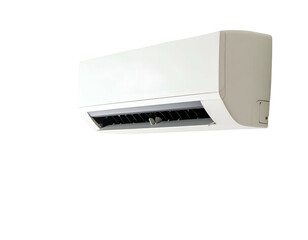 White, wall-mounted air conditioning unit with vents visible. Background is black