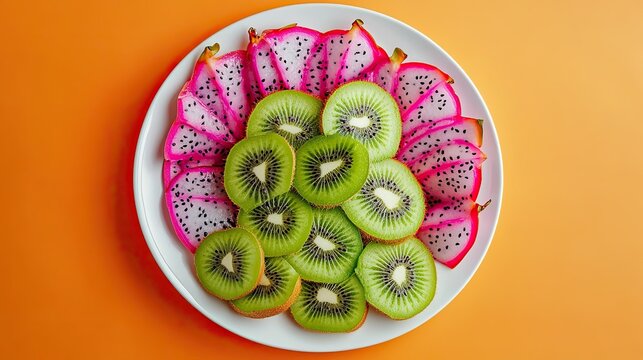 Sliced kiwi and dragon fruit arranged in a geometric pattern on a glossy white plate, background light orange, showing high contrast and color.