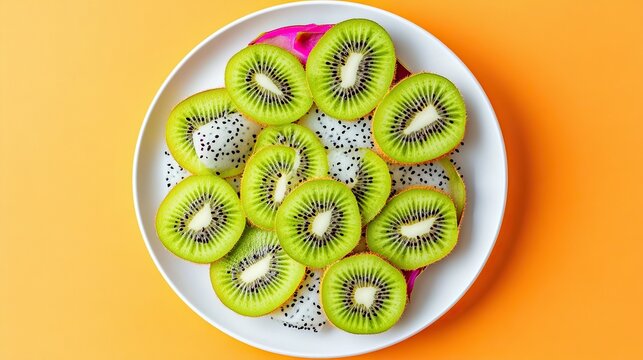 Sliced kiwi and dragon fruit arranged in a geometric pattern on a glossy white plate, background ligh