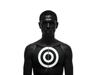 Dark-skinned person centered, a target affixed to their chest, stark black background
