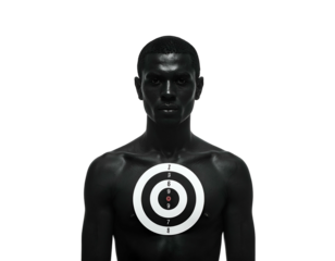 Dark-skinned person centered, a target affixed to their chest, stark black background