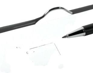 Close-up of a pen tip angled near a bent, curved metal tool, over white/black