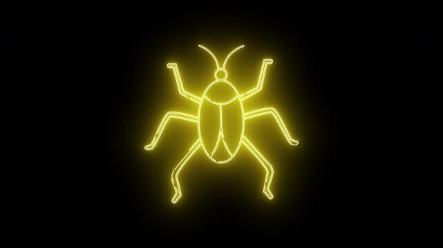 A glowing yellow neon beetle outline on a stark black background