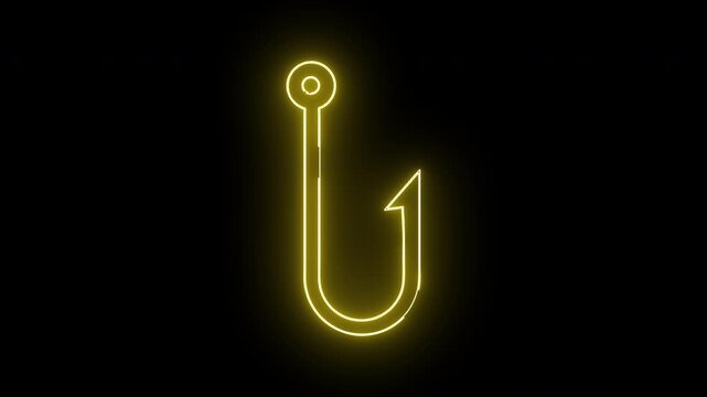 A glowing yellow neon fishing hook on a stark black background