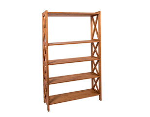 Tall, wooden bookshelf with four shelves, featuring decorative X-shaped side supports