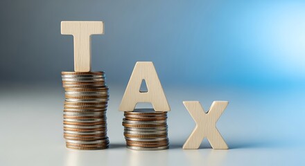 Fototapeta premium Wooden letters spelling tax placed on stacks of coins, symbolizing financial concepts and taxes