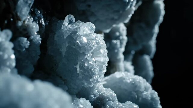Very slow push-in close-up on sparkling crystal formations growing on a cave wall, highlighting intricate details and natural beauty under subtle focused light intricate details, rough, highlighting