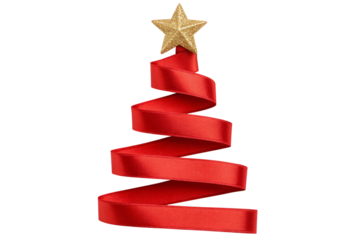 Festive Christmas spirit with vibrant red ribbon shaped like a tree, topped with a glittering gold star for joyous holiday designs