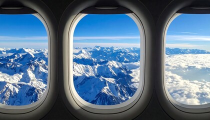 Three airplane windows showcasing snow-capped mountains and a clear sky