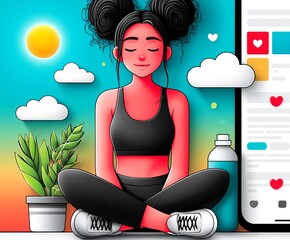 a young woman sitting cross-legged against a colorful background featuring a sun, clouds, and plants.