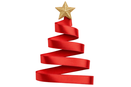 Festive Christmas spirit with vibrant red ribbon shaped like a tree, topped with a glittering gold star for joyous holiday designs
