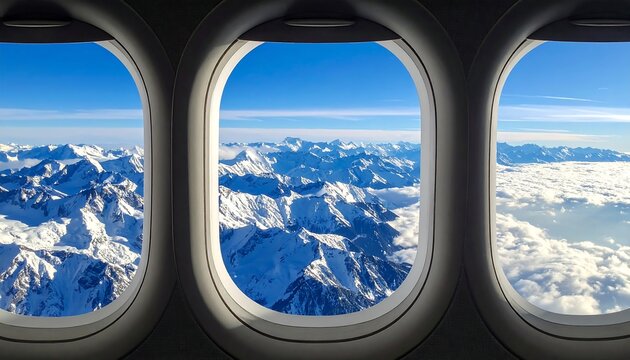 Three airplane windows showcasing snow-capped mountains and a clear sky - Powered by Adobe