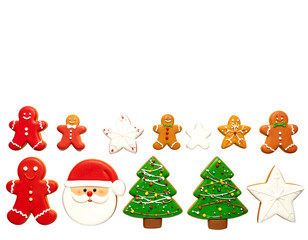 Array of festive, iced gingerbread cookies & a Santa cutout, on black backdrop