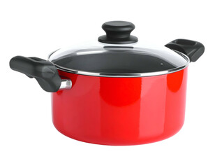 Red cooking pot with black handles and glass lid, sitting on a transparent background
