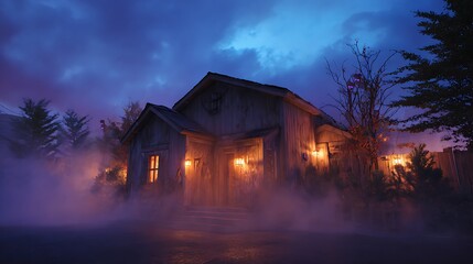 Eerie house illuminated at night with fog and dramatic sky creating a spooky atmosphere outside home