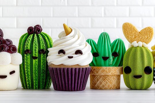 five decorated cakes with unique shapes like watermelon, cactus, and rabbit shapes, arranged on a surface