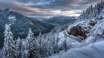Scenic Winter Landscape with Snow-Covered Mountains and Forest Road at Dusk, Offering Serenity and Adventure