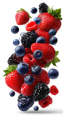 Obraz premium A vibrant assortment of fresh berries appears to be floating against a clean white background. The image features strawberries, blueberries, raspberries, and blackberries, each glistening with tiny wa
