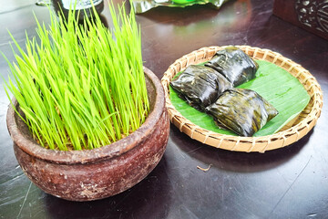 Freshly Grown Vibrant Green Wheatgrass In A Rustic Pot Next To Sweet Sticky Rice Cakes Wrapped In Banana Leaves