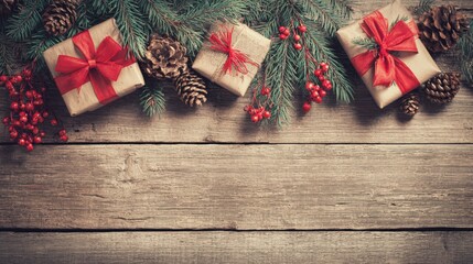 Festive Christmas Arrangement: Wrapped Gifts, Pine Cones, Red Berries and Evergreen Branches on Rustic Wood
