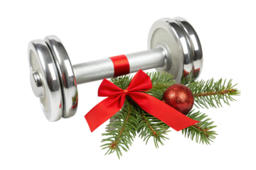 Festive fitness motivation with dumbbell, red bow, ornament, and evergreen sprigs for holiday health goals and wellness inspiration