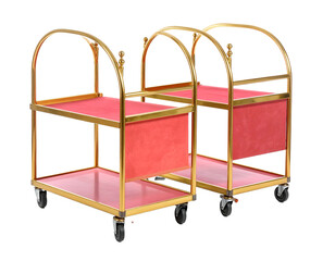 Two gold hotel luggage carts, each with red accents, arranged side-by-side