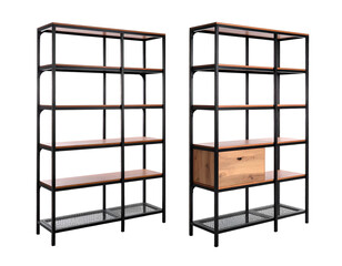 Two tall open-frame shelving units, one with a drawer, against a black background
