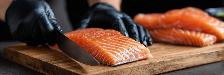 Chef’s black gloved hand slicing fresh salmon fillet for sushi on a wooden board, minimal clean background, soft diffused light.