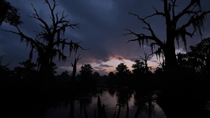 Wide-angle shot of a desolate swamp landscape at dusk, with gnarled tree silhouettes against a dramatic, cloudy sky brooding, foreboding, eerie - Powered by Adobe
