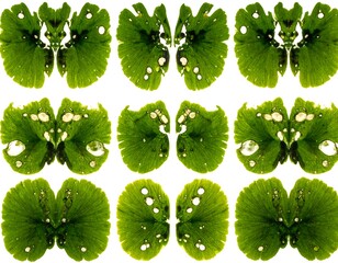 Symmetrical arrangement of green leaves with irregular holes