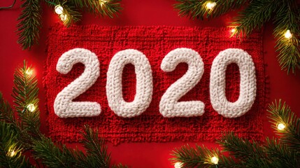 Festive New Year 2020 Knitted Number Display with Christmas Tree Branches and Decorative String Lights on Red Backdrop
