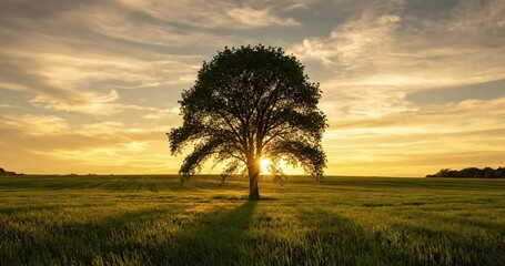 Illustrating the dramatic seasonal transitions and atmospheric changes surrounding an isolated tree, from lush green to stark winter branches. Time lapse, seasonal progression, weather effects