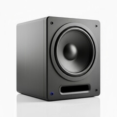 Obraz premium Black subwoofer speaker on a white background for home audio system use
