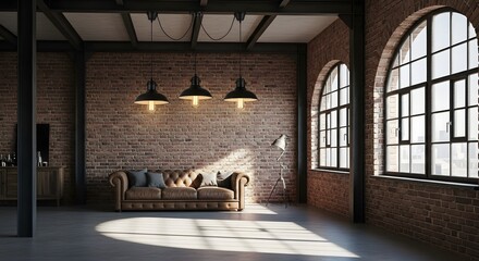 Spacious Industrial Loft Living Room with Brick Walls and Natural Light