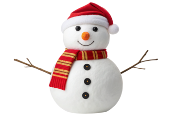 Festive snowman smiling with red scarf and hat, spreading joy and holiday cheer for seasonal projects and winter promotions