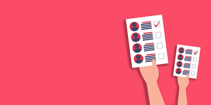 Minimal election background with two raised hands holding completed voting ballots against a solid red backdrop, symbolizing civic participation and the act of voting