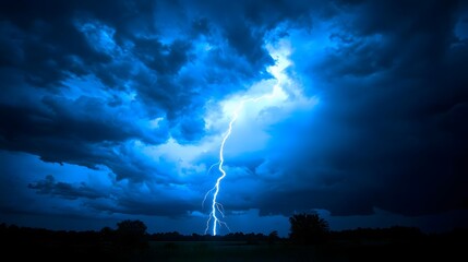 A single bolt of lightning illuminates a dark stormy sky over a silhouetted rural landscape