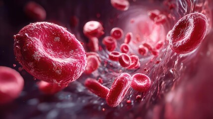 Thrombus obstructing red blood cells stream in artery concept. Close-up view of blood cells flowing in the bloodstream.