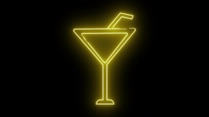 A luminous yellow neon sign depicts a martini glass with a straw against a black backdrop - Powered by Adobe