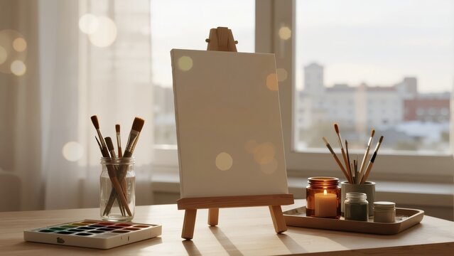 Art supplies on a table with an easel and blank canvas near a window with city view