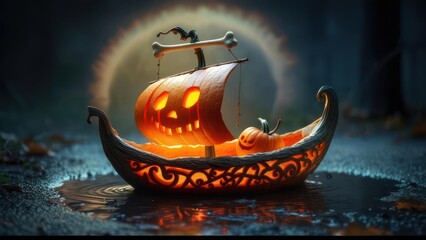A carved pumpkin boat floats on a dark pond, illuminated by glowing jack-o'-lantern faces.  Spooky Halloween scene