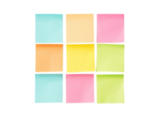 Nine colorful sticky notes arranged in a grid on a solid black background isolated, Isolated On Transparent Background