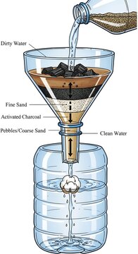 DIY Water Filter Diagram Showing Layers of Sand and Charcoal for Purification.