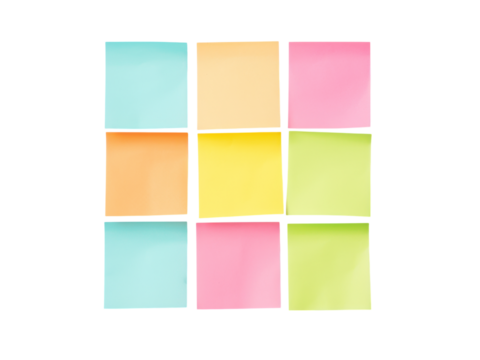 Nine colorful sticky notes arranged in a grid on a solid black background isolated, Isolated On Transparent Background