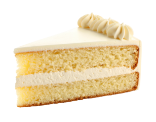 A slice of layered, cream-frosted cake with piped swirls on top, isolated