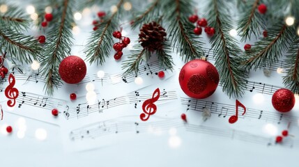 Festive Christmas Music Background with Ornament, Pine Branches, and Berries for Holiday Celebration